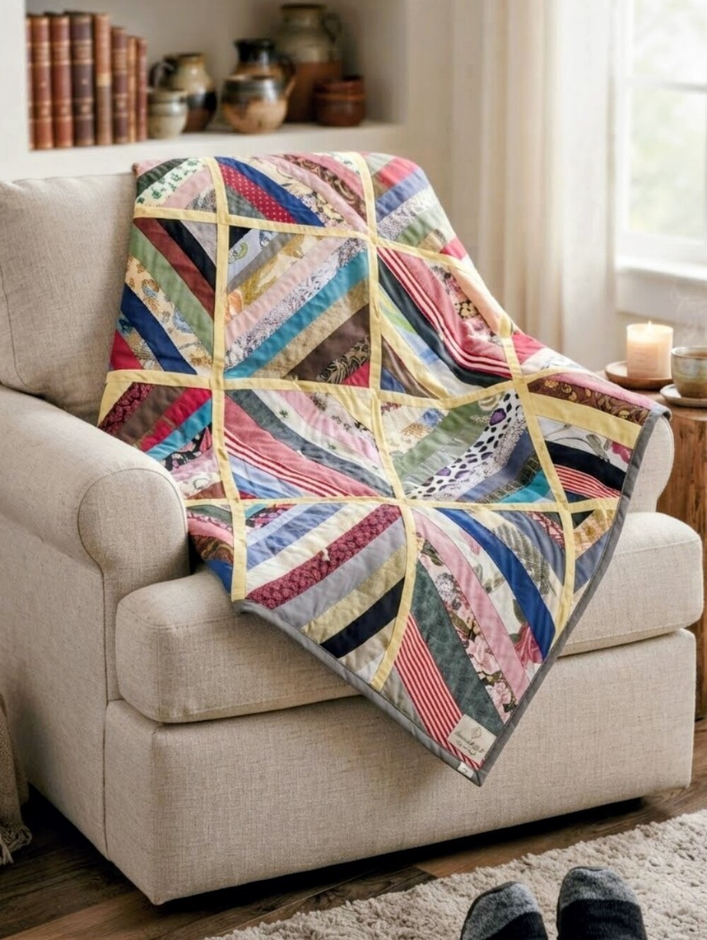 Vintage Handmade String Quilt Blanket Multi-Color Patchwork 41"x41"